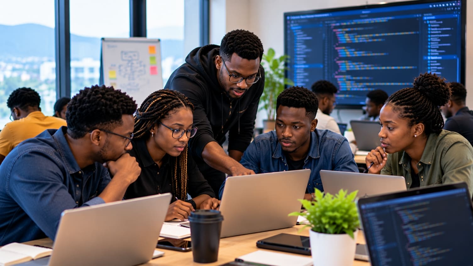 A bootcamp cohort coding together